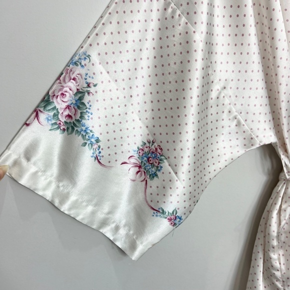 Vintage Linda Bis white satin pink polka dot kimono robe jacket OS - Picture 11 of 15
